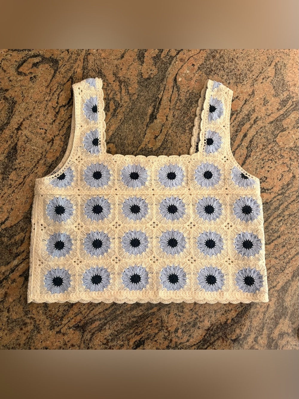 Rebellion Again Crochet Granny Square Tank Top Cream Blue Size Small